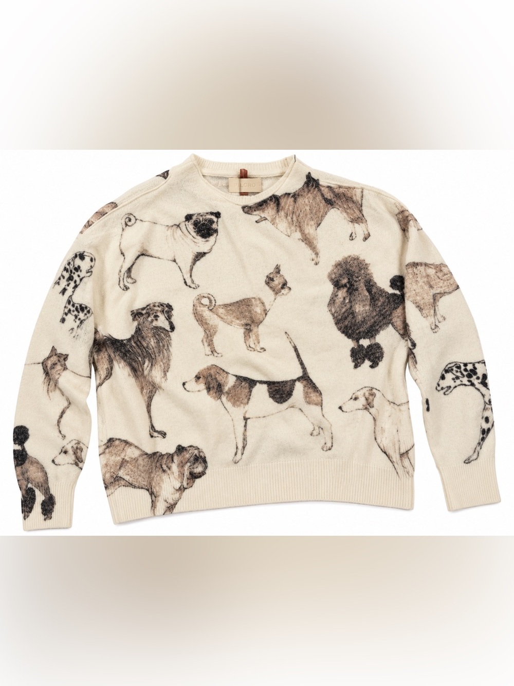 Anthropologie Pilcro Alani Dog Print Sweater XS 100% Cashmere Cream Pullover